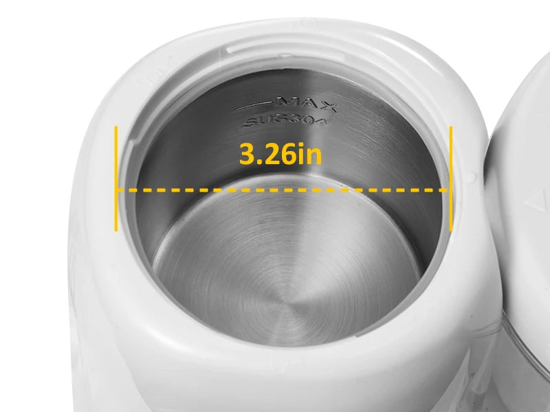 Close-up of the baby food maker’s 3.26-inch wide stainless water tank opening for easy filling and cleaning.