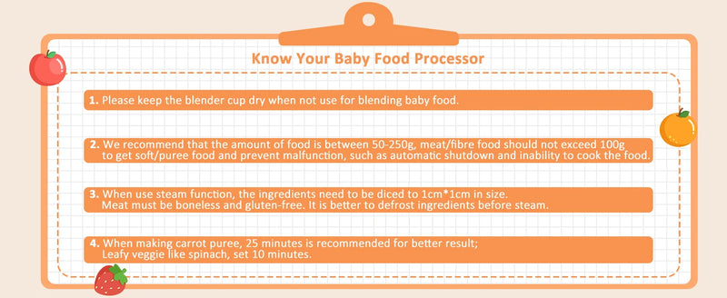 Usage tips graphic for the baby food processor listing recommended amounts, steaming and puree guidelines.