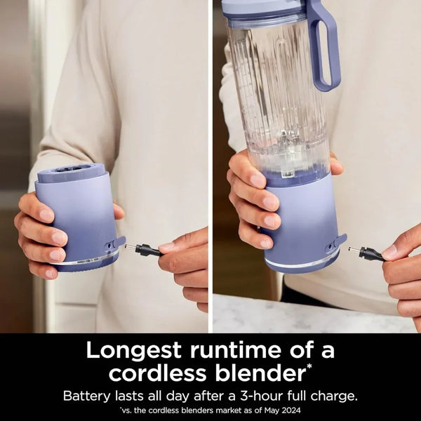 Charging cable being plugged into the portable blender base and vessel for cordless use