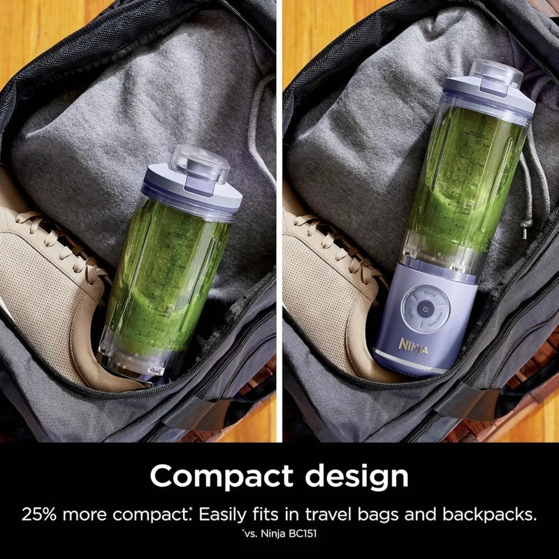 Portable blender shown packed inside a travel bag alongside shoes and clothing