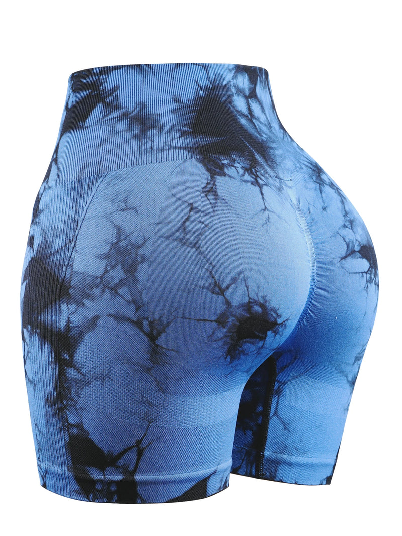 blue tie-dye seamless high-waist yoga shorts for women with scrunch butt design and moisture-wicking fabric.