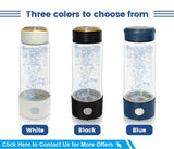 CAWOLO hydrogen water bottle color lineup in white, black, and blue with visible bubbles