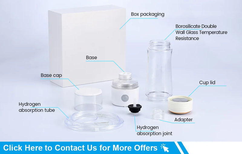 CAWOLO hydrogen bottle kit contents laid out: base, borosilicate double wall glass, lid, adapter, base cap, tubing, and packaging"