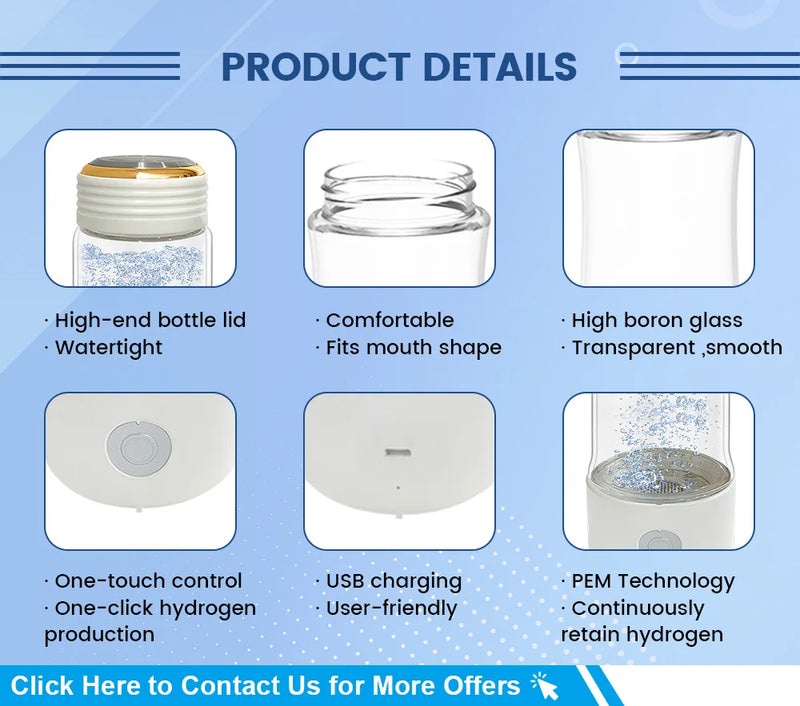 Feature detail grid for CAWOLO bottle: watertight lid, comfortable mouth, high borosilicate glass, one touch control, USB charging, PEM technology