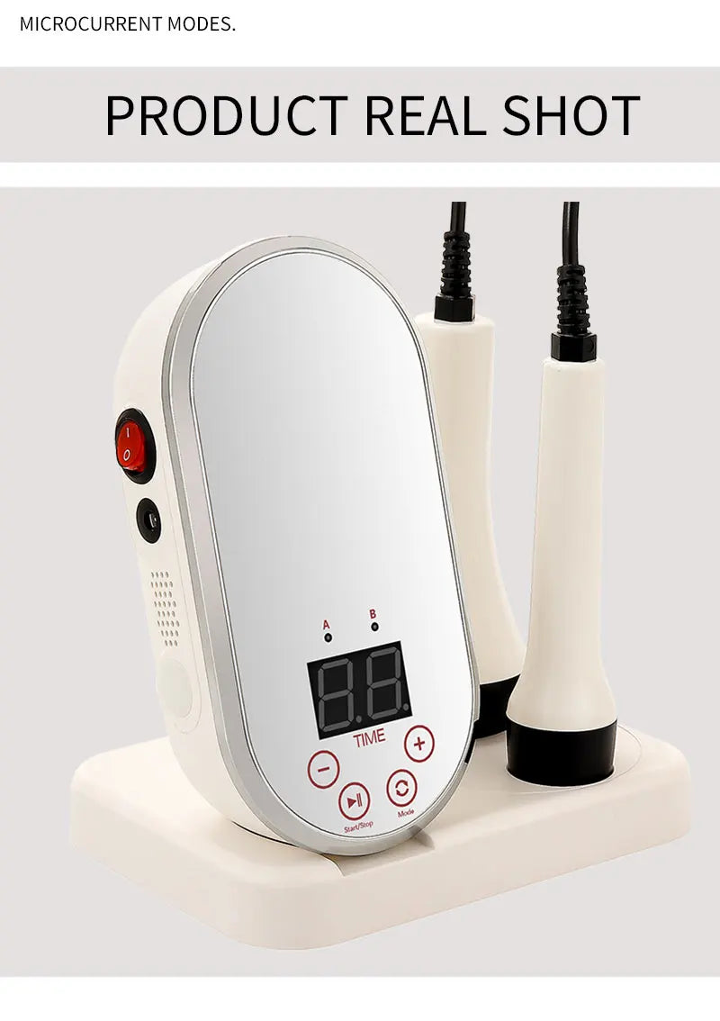 RF & EMS beauty device with mirrored display and two treatment wands on base for face and body tightening.