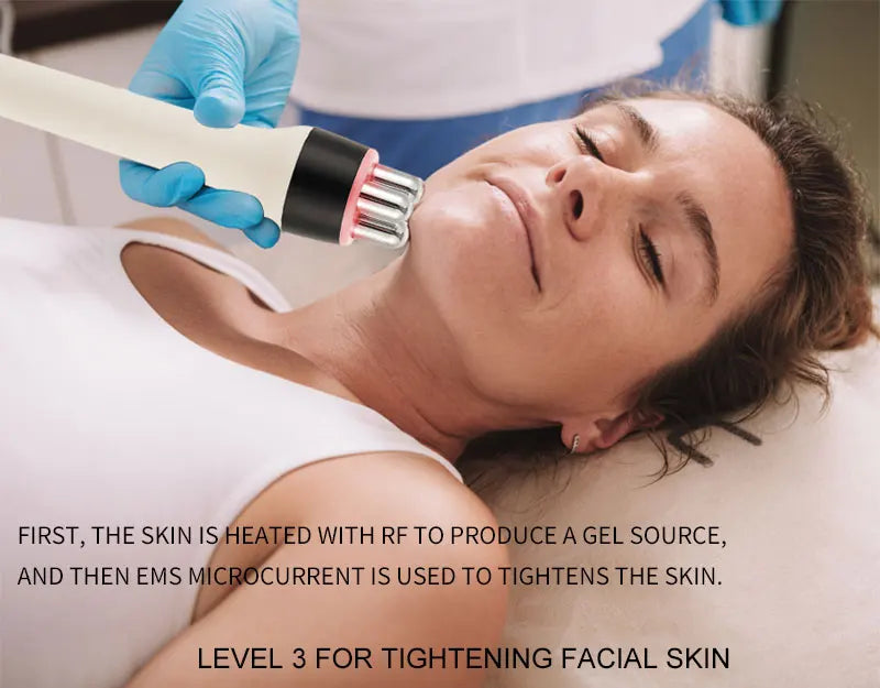 RF EMS probe gently applied to a woman’s face during a skincare treatment demonstration