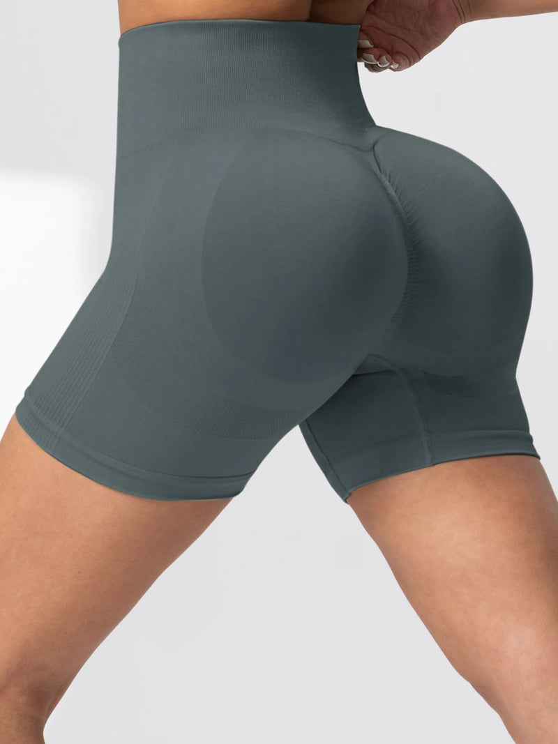 gray seamless high-waist butt-lifting cycling shorts for women’s workouts, gym, and activewear.