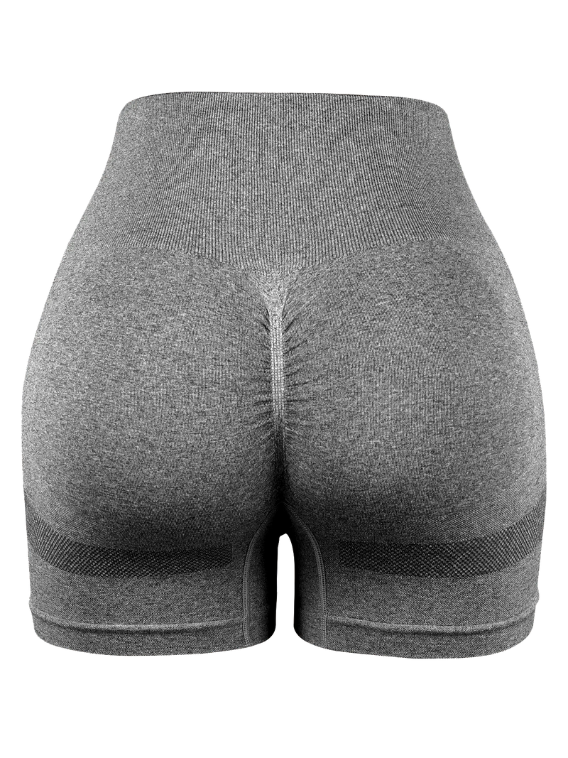 gray seamless high-waist butt-lifting shorts with compression fit and stretchy material for yoga and training.