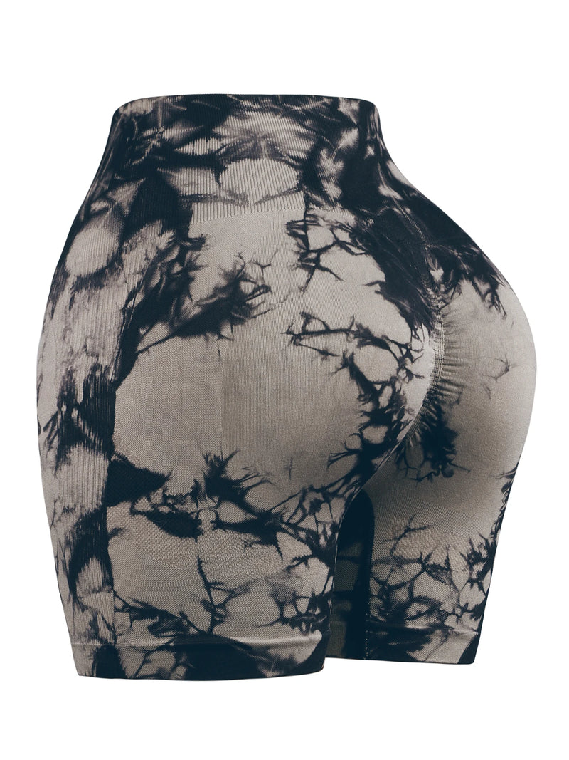 gray tie-dye seamless yoga shorts with high waist compression and butt-lift contouring design for women.