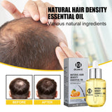 Illustration of scalp follicles improving over time alongside essential oil bottle and box