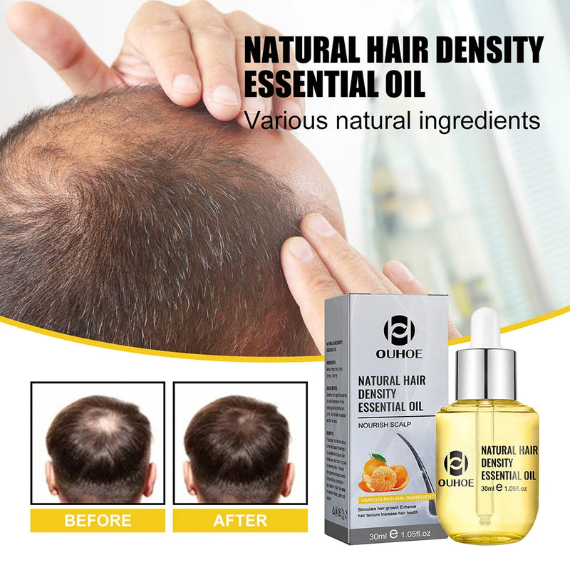 Illustration of scalp follicles improving over time alongside essential oil bottle and box