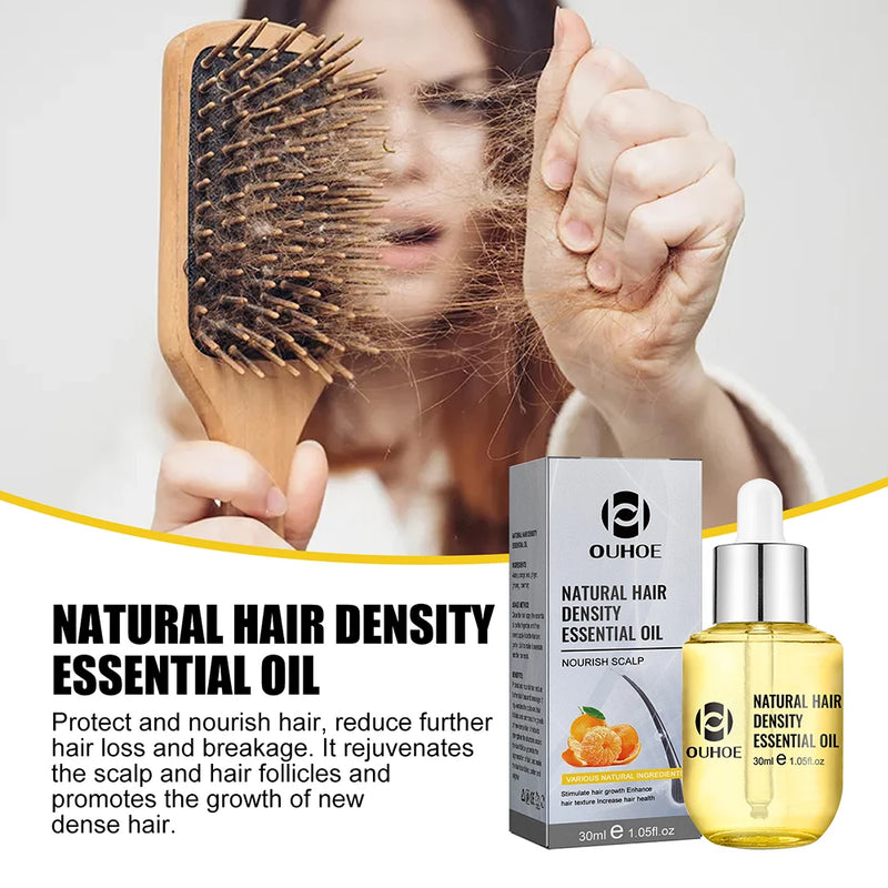 Natural Hair Density Essential Oil product photo with lifestyle imagery and benefit callouts