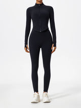 Front view of black Hearuisavy yoga jacket showing slim fit and moisture-wicking design