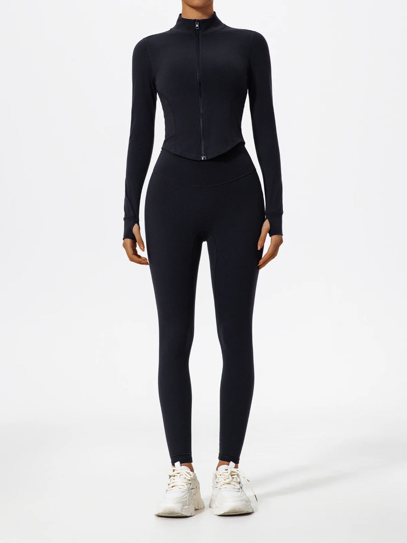 Front view of black Hearuisavy yoga jacket showing slim fit and moisture-wicking design