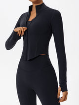 Close-up of black Hearuisavy yoga jacket showing front zipper and high collar