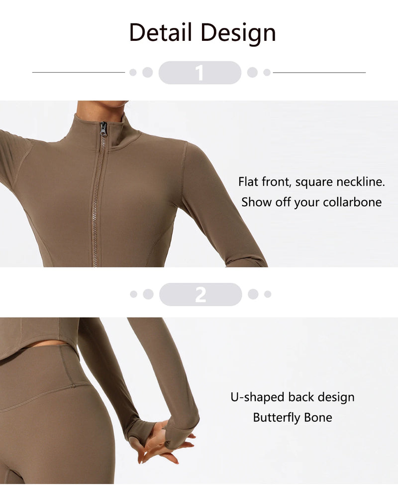 Detail design showing Hearuisavy brown yoga jacket square neckline and U-shaped back
