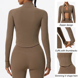 Back view of brown Hearuisavy women’s yoga jacket showing U-shaped contour seams
