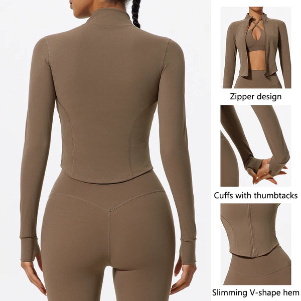 Back view of brown Hearuisavy women’s yoga jacket showing U-shaped contour seams