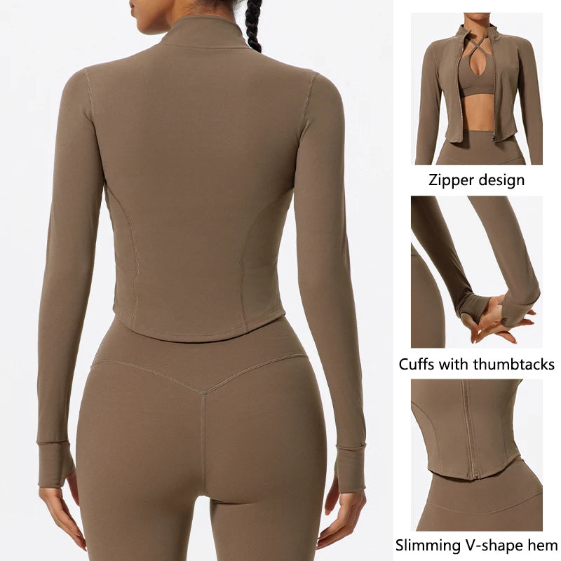 Back view of brown Hearuisavy women’s yoga jacket showing U-shaped contour seams