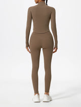 Full back view of brown Hearuisavy yoga jacket with slim contour fit