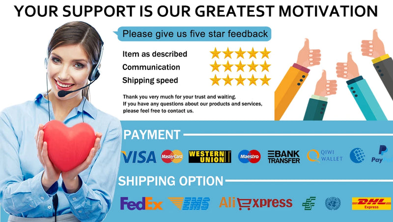 Customer support banner showing five-star feedback, payment, and shipping options