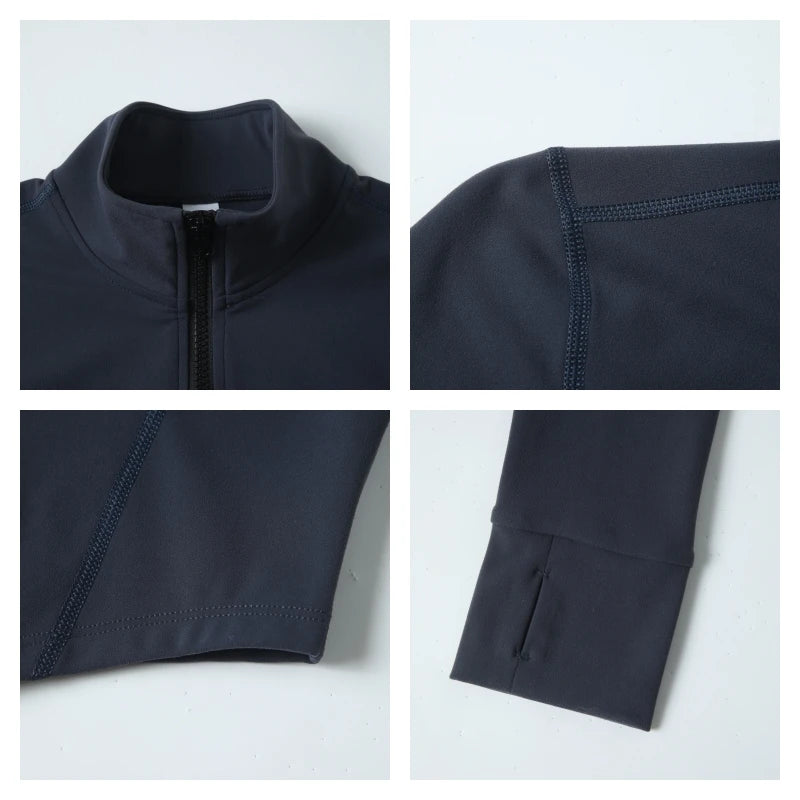 ose-up of dark blue Hearuisavy yoga jacket showing collar, zipper, and sleeve stitching