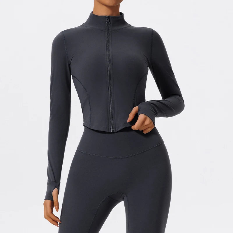 Dark gray Hearuisavy yoga jacket with moisture-wicking fabric and athletic fit