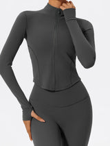 Front view of gray Hearuisavy yoga jacket showing slim fit and thumbholes