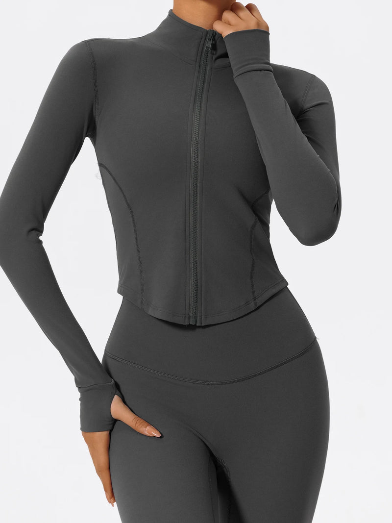 Front view of gray Hearuisavy yoga jacket showing slim fit and thumbholes