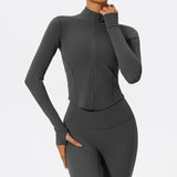 Gray Hearuisavy yoga jacket with zip front and high collar design