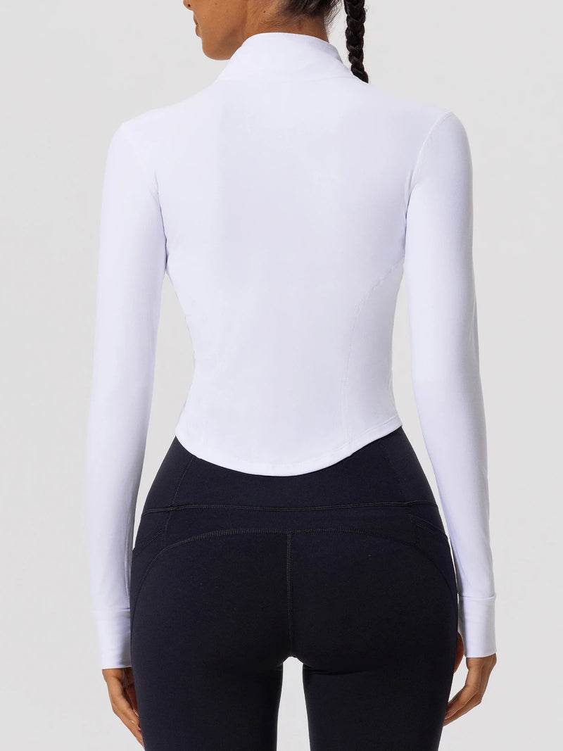 Back view of white Hearuisavy yoga jacket showing slim contour and fitted design