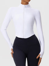 Close-up of white Hearuisavy yoga jacket zipper and high-collar neckline