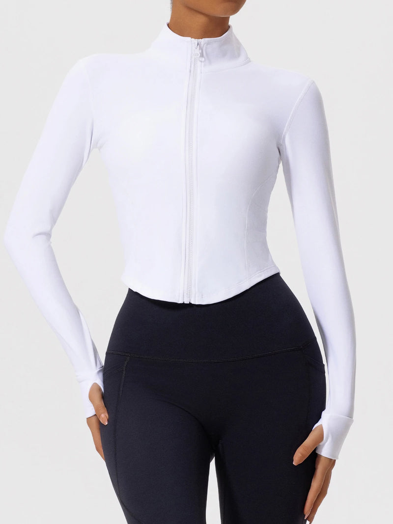 Close-up of white Hearuisavy yoga jacket zipper and high-collar neckline