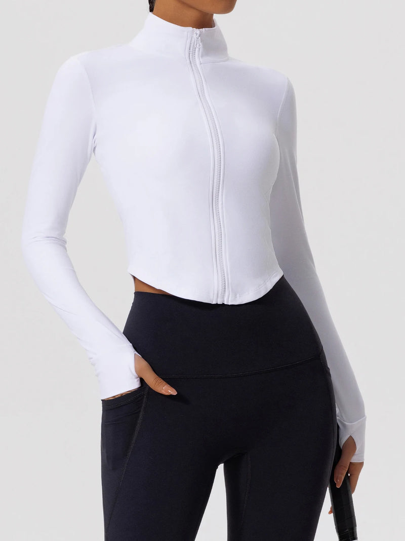 Front view of white Hearuisavy yoga jacket paired with black leggings