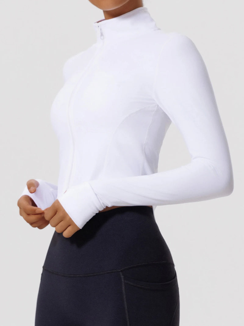 Side profile of white Hearuisavy yoga jacket showing zipper and sleeve details