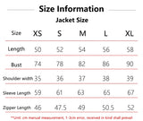 Detailed size chart with jacket length, bust, sleeve length, and zipper measurements