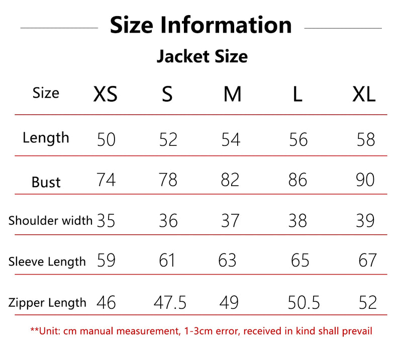 Detailed size chart with jacket length, bust, sleeve length, and zipper measurements
