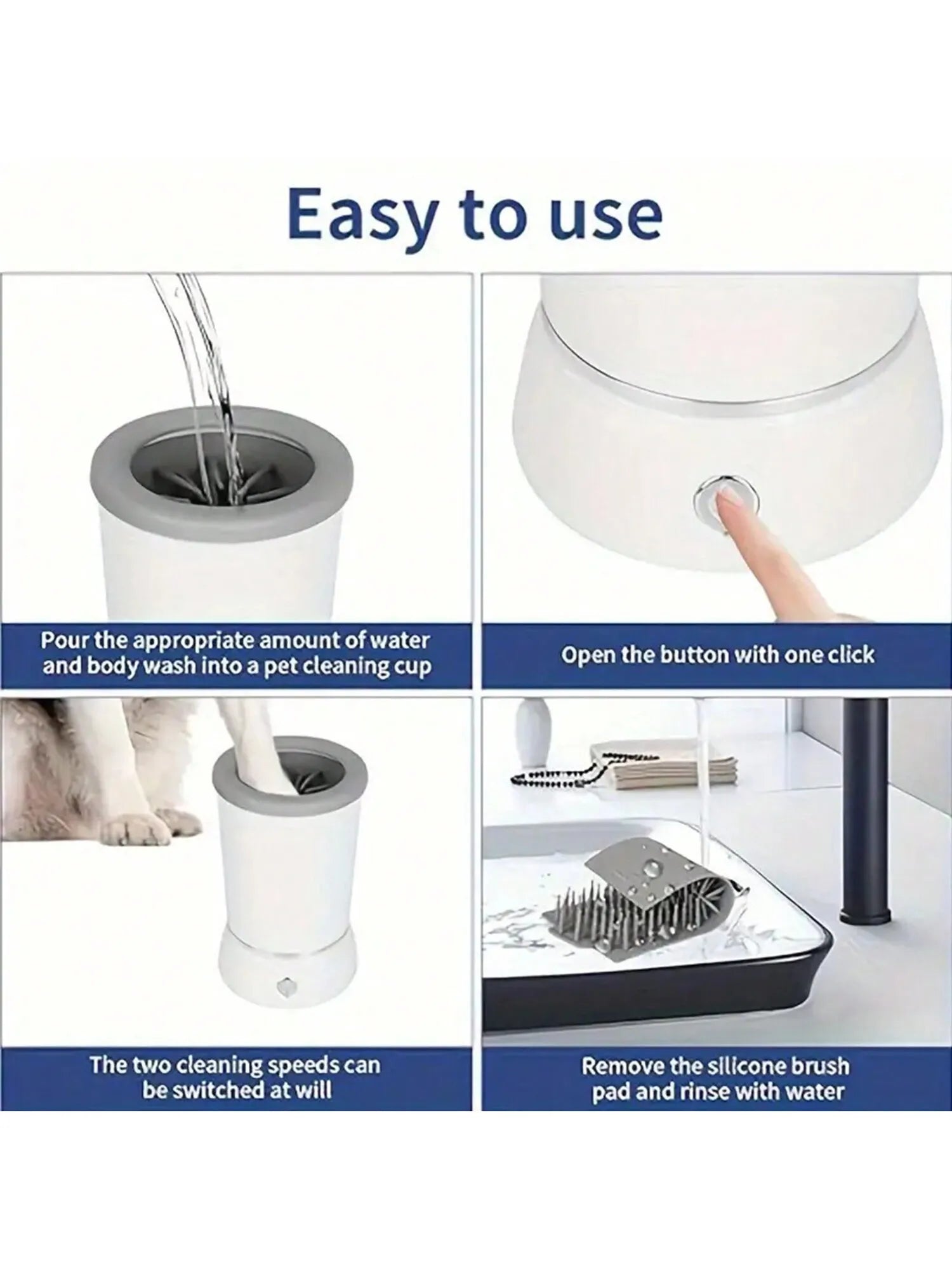 Step-by-step guide for using the USB pet paw cleaner – fill water, press button, insert paw, and rinse silicone brush pad