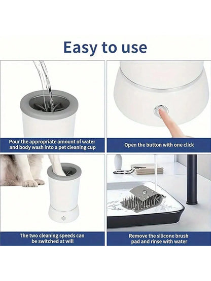 Step-by-step guide for using the USB pet paw cleaner – fill water, press button, insert paw, and rinse silicone brush pad