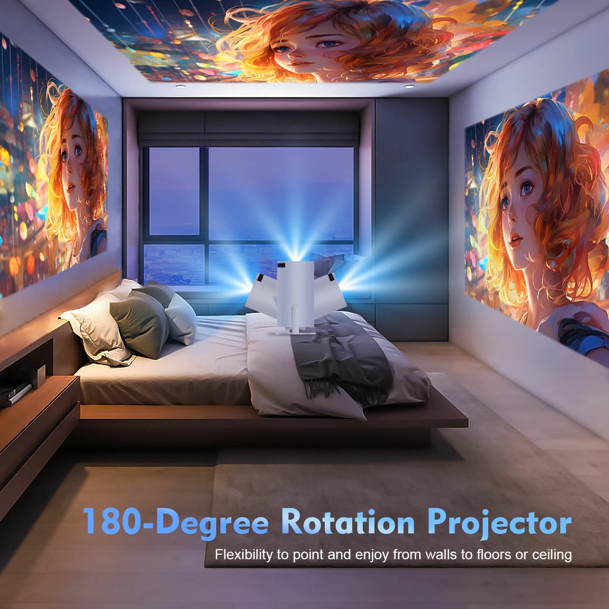 HY300 Pro projector showing flexible rotation on walls and ceiling in bedroom