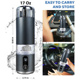 17 oz hydrogen water bottle with size callouts and examples in car cup holder and treadmill.
