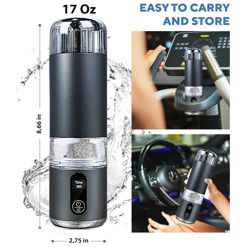 17 oz hydrogen water bottle with size callouts and examples in car cup holder and treadmill.