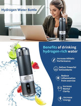 Marketing graphic showing a hydrogen water bottle and a general list of benefits.