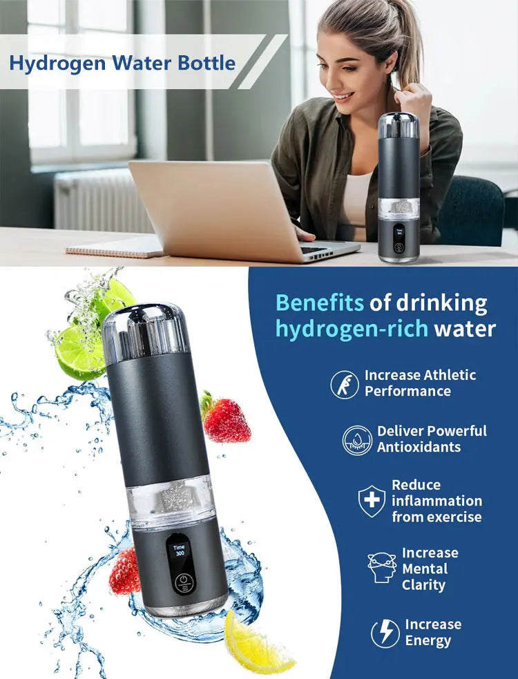 Marketing graphic showing a hydrogen water bottle and a general list of benefits.
