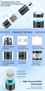 Product details showing lid, borosilicate glass body, one-button control, USB charging, and PEM diagram.