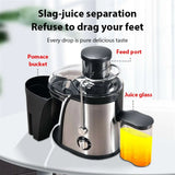 Diagram labeling feed port, pomace bucket, and juice cup on the juicer