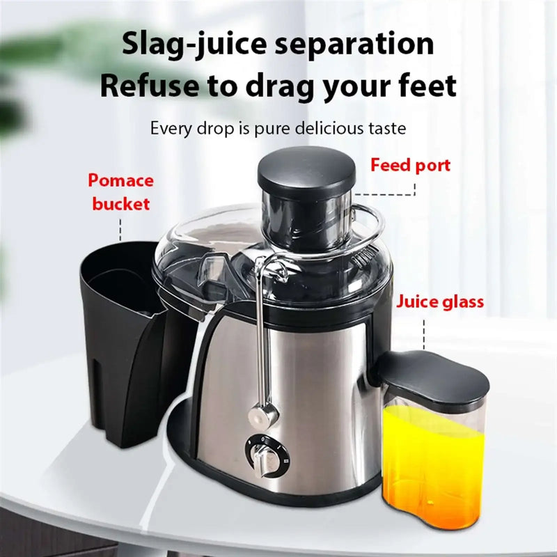Diagram labeling feed port, pomace bucket, and juice cup on the juicer
