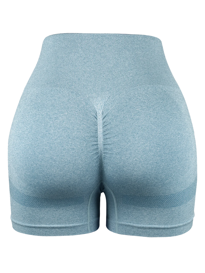 light blue seamless high-waist compression shorts for women with push-up butt-lifting design and stretch fabric.