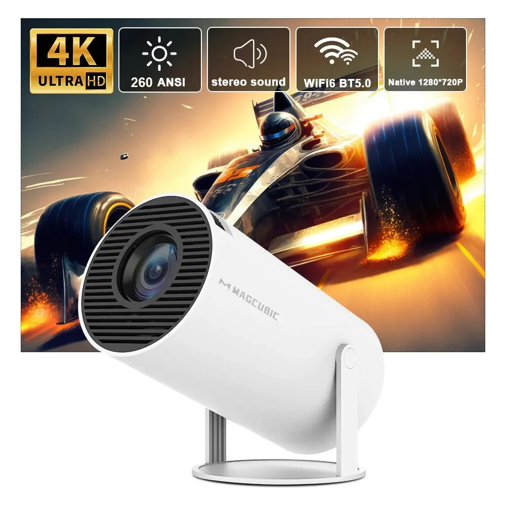  Magi Cubic HY300 Pro 4K projector showing racing video in Ultra HD