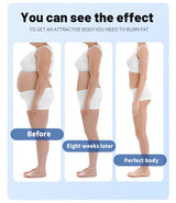Three-panel comparison labeled Before, Eight weeks later, and Perfect body (marketing example)